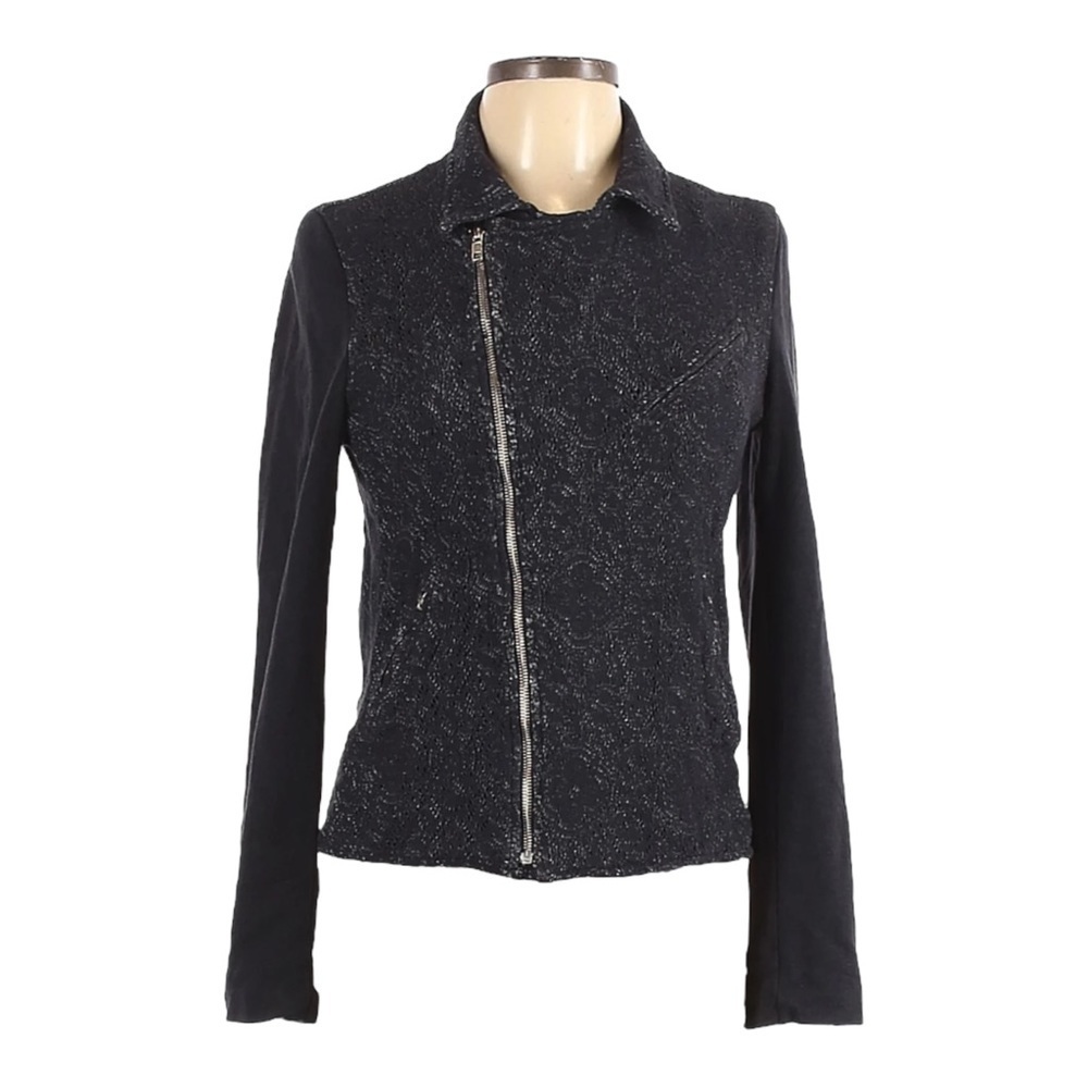 Monrow Revolve Lace Floral Moto Jacket L Black Asymmetrical Zip Stretch